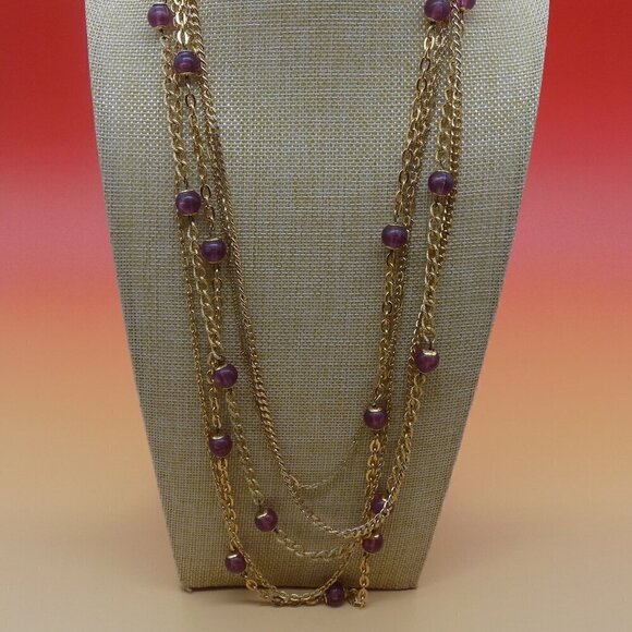 Vintage Multi-Strand Necklace Layered Etruscan Revival Gold-tone Purple Beads - Picture 3 of 7